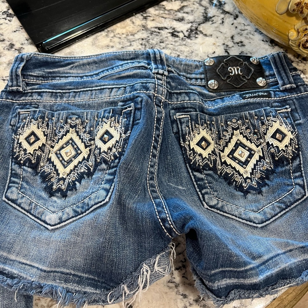 Miss Me Blue Jean Shorts with Southwestern Embellishments